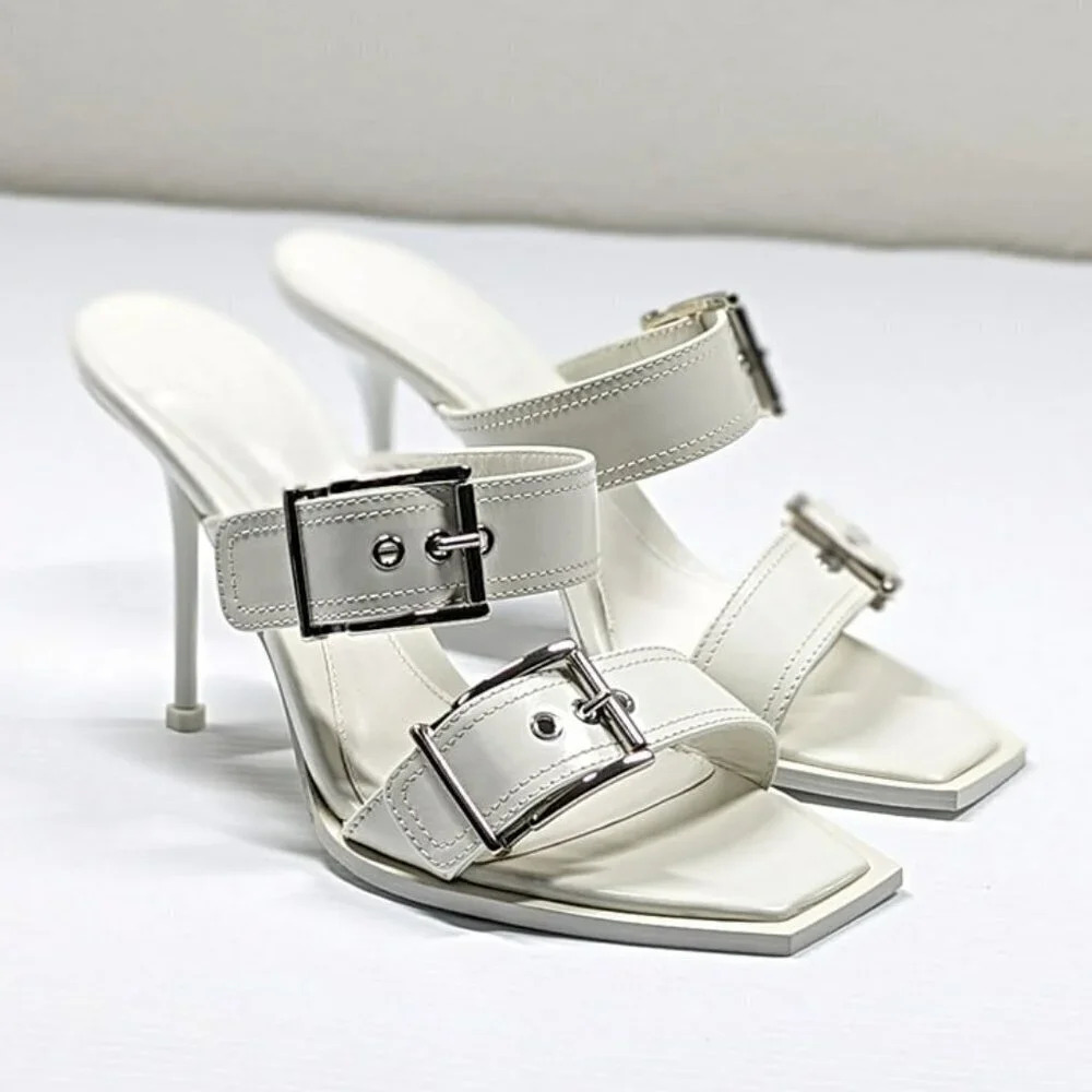 Alexander McQueen Women's White Double Buckle Punk Mules Size 41 (MSRP $1,090) - Picture 4 of 12